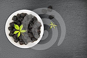 Fresh blackberries in a white bowl