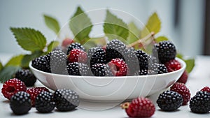 Fresh Blackberries In White Ceramic Bowl.