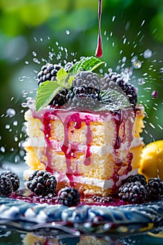 Fresh Blackberry Dessert with Mint and Berry Coulis on Elegant Dark Plate with Water Drops photo