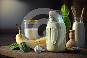 Fresh blended Banana and avocado smoothie with yogurt or milk in mason jar. AI generation photo