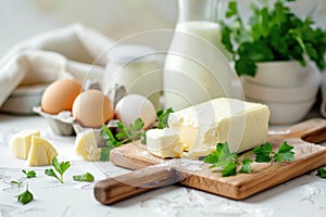 Fresh block of butter on a wooden cutting board, complemented by parsley, eggs, and cooking utensils, depicting home