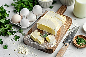 Fresh block of butter on a wooden cutting board, complemented by parsley, eggs, and cooking utensils, depicting home