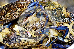Fresh Blue Crabs in stainless Pot ready to be cooked on hot steam with spicy sauce and onions