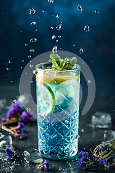 Fresh blue lagoon cocktail with lime, mint and ice in jar glass on dark blue background. Studio shot of drink in freeze motion,