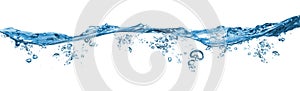 Fresh blue natural drink water wave wide panorama bubbles concept isolated white background