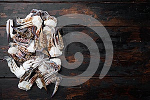 Fresh blue swimming crab Horse crab, Blue crab, Flower crab claws, on dark wooden background, top view flat lay  , with copyspace