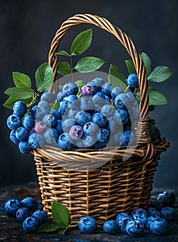 Fresh blueberries in basket on wooden table