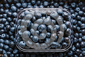 Fresh blueberries in clear container, vibrant with natural imperfections, against brand less background