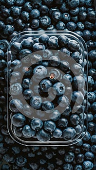 Fresh blueberries in clear container, vibrant with natural imperfections, against brand less background