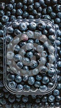 Fresh blueberries in clear container, vibrant with natural imperfections, against brand less background