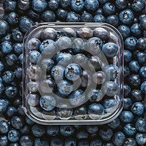 Fresh blueberries in clear container, vibrant with natural imperfections, against brand less background