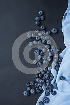Fresh blueberries on a dark background. Space for text