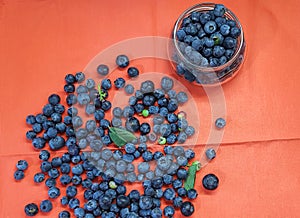 Fresh blueberries for eating. Juicy blue berries are in the glass jug. Heap of them are scattered on the rustic canvas