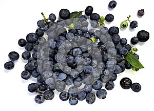 Fresh blueberries. Juicy blue berries heap are scattered on white. Bilberry is antioxidant and healthy nutrition