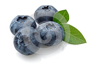 Fresh blueberries with leaves isolated on white
