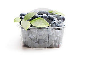 Fresh blueberries in small plastic container isolated on white