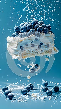 Fresh Blueberries Topping Whipped Cream on Floating Biscuit with Dynamic Powdered Sugar Sprinkles on Blue Background