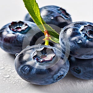 Fresh blueberries with water drops on white background, closeup view