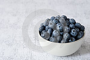 Fresh blueberries in a white ceramic bowl on a light gray crackle background