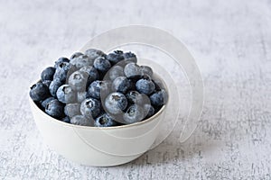 Fresh blueberries in a white ceramic bowl on a light gray crackle background