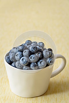 Fresh blueberries in a white ceramic cup on a yellow crackle background