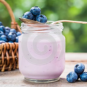 Fresh blueberries yogurt in jar and basket of bilberries