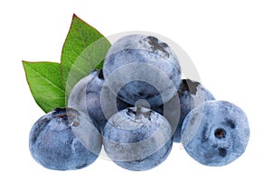 Fresh blueberry with green leaves, isolated on white background. Bilberry or whortleberry berries. Collection. Clipping