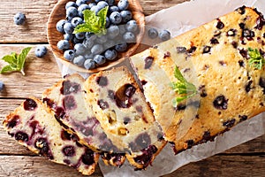 fresh blueberry loaf of bread muffin cake with mint closeup. horizontal top view