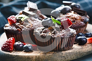 Fresh, blueberry muffins on a stone background with sugar and fruits. Food background. Concept of pastry.