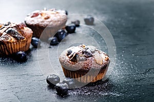 Fresh, blueberry muffins on a stone background with sugar and fruits. Food background. Concept of pastry.