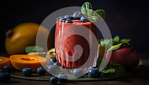 Fresh blueberry smoothie on rustic wooden table generated by AI