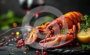 Fresh boiled lobster with herbs and red wine on black stone table