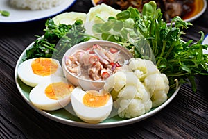 Fresh Boiled Shrimp paste sauce with vegetables in plate