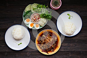 Fresh Boiled Shrimp paste sauce with vegetables in plate