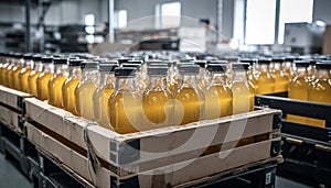 Fresh bottled drinks on production line indoors generated by AI