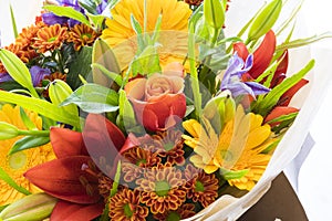 Fresh bouquet flowers. roses, lily, dahlia and gerbera