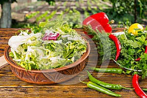 Fresh bowl of salad greens on table