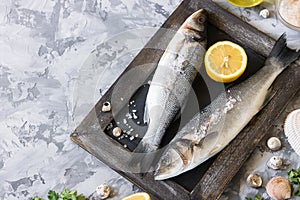 Fresh branzino fish with parsley, lemon and pink Himalayan salt