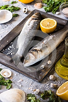 Fresh branzino fish with parsley, lemon and pink Himalayan salt