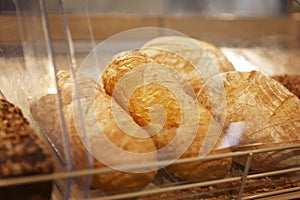 Fresh bread on the counter. Delicious traditional breakfast pastries. Close-up