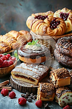 Fresh bread and croissants lying on a rustic table. Ai generative