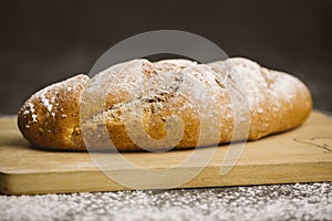 Fresh bread on dark wood with sprinkled flour.