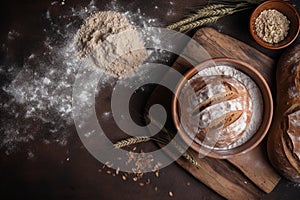 fresh bread with ears of wheat and a bowl of flour, top view, empty space. ai generative