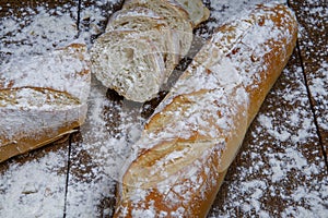 Fresh bread or french baguett and flour