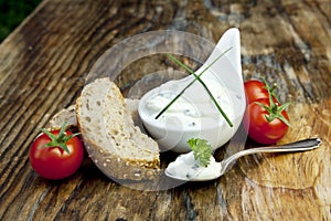 Fresh bread with herb curd dinner