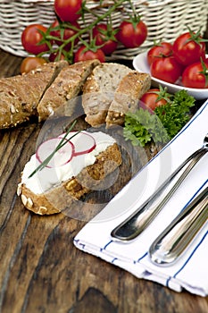 Fresh bread with herb curd dinner