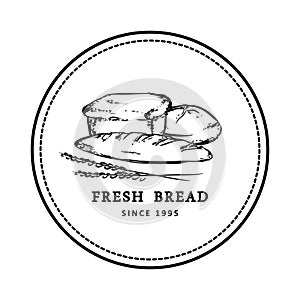Fresh bread, loaf in hand drawn style. Logo for a bakery, cafe in retro style. Simple bread illustration.