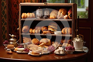 fresh bread and pastries arranged in a breadbox