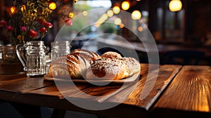 Fresh bread pastry lies on the table in the cafe bakery selective focus blurred background. AI generated