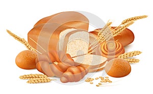 Fresh bread. Pretzels rolls bagels baking from wheat flour delicious bakery homemade sliced products vector isolated